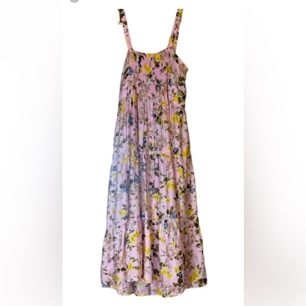 NWT INC Pink Multicolor Floral Butterfly Smocked Tiered Maxi Dress, Size 12